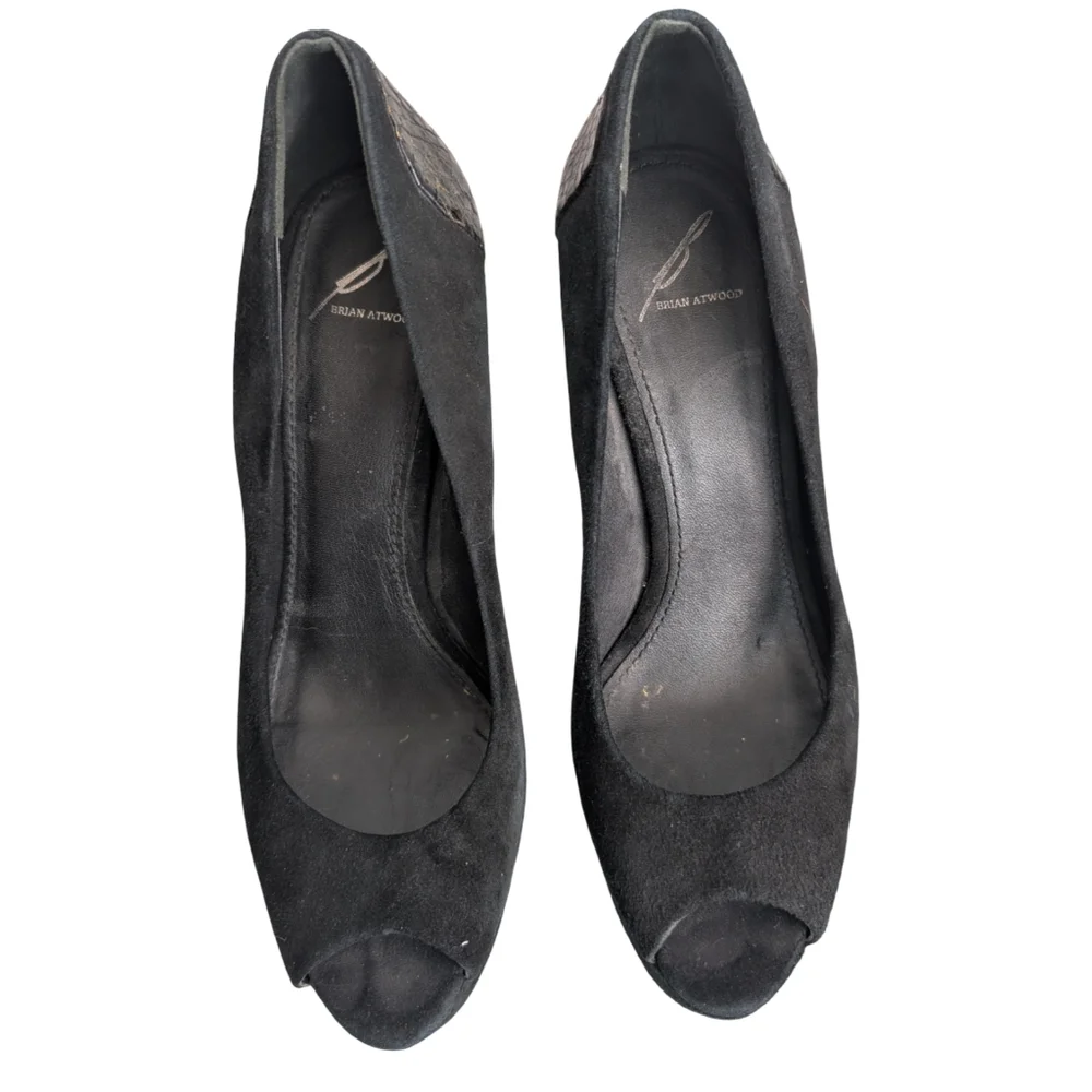 Brian Atwood Black Suede Snake Print Platform Pumps Heels Size 9 Designer Luxury